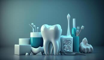 blanco sano diente, diferente herramientas para dental cuidado. azul fondo, generativo ai foto