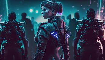 Young woman with futuristic uniform and group of silhouettes in cyberspace. Virtual reality. Cyberpunk, photo