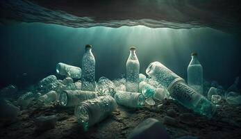 basura el plastico botellas en el océano, generativo ai foto