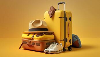 Packed suitcase on right place with belongings on yellow background, photo