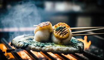 Grilled seafood scallop and sea urchin eggs skewer with smoke, japanese street food at Tsukiji Fish Market, Japan. photo