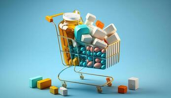 Buy and shopping medicine concept. Various capsules, tablets and medicine in shop trolley on a blue background, photo