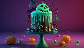 Halloween candyland fantasy novelty drip cake and party table against chroma key green background, photo