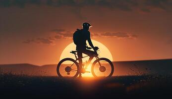 silueta hombres paseo bicicleta a atardecer, generativo ai foto