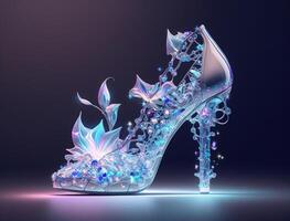 Beautiful high-heeled shoes, glowing floating luminous crystal stars and crystalline candy, photo