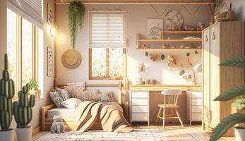 Natural, bright kid's bedroom interior with wooden furniture, designer accessories and posters on a white wall, photo