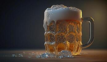 Cold mug of beer on wooden table, photo