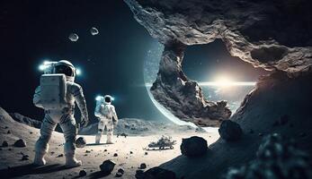 Astronauts with spaceship exploring an asteroid in space 3D rendering, photo