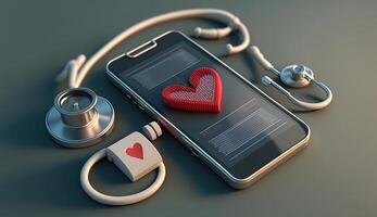 Doctor online concept. Phone screen with red heart using stethoscope checks health. Online medical clinic communication with patient. Minimal health concept. 3d illustration isometric, photo