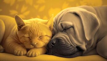 Cat and dog sleeping together. Kitten and puppy taking nap. Home pets. Animal care. Love and friendship, photo