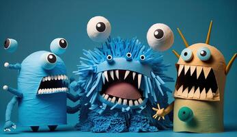 Easy creative crafts for children. Funny monsters from paper and plasticine on a blue background, photo