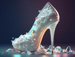 Glowing floating luminous crystal stars and crystalline candy of high-heeled shoes. photo