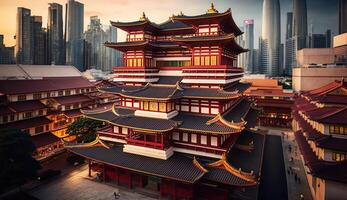 Buddha Relic Temple in Chinatown business district in the background, Generative Ai photo
