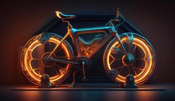 Bicycle element. Bicycle poster. Realistic picture, neon light, photo