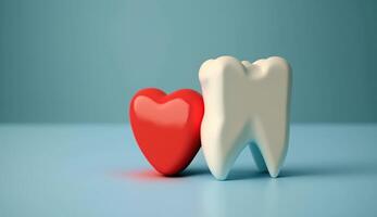 Two teeth and red heart on a blue background. Oral care and St. Valentine's day concept, photo