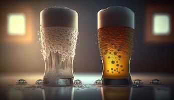 Cooled glass of pale beer with condensation drops on glass surface, photo