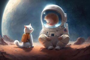 Beyond Our World, A 3D Scene of Cosmic Wonder and Exploration, Little children and cat, photo