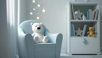 Small light blue armchair for kid standing in white room interior with stars on the wall, white rug and cupboard with books, teddy bear and fresh plant, photo