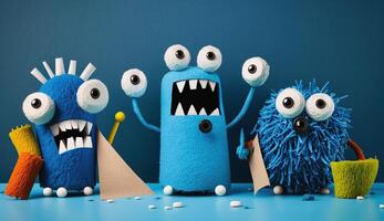 Funny monsters from paper and plasticine on a blue background. Easy creative crafts for children, photo