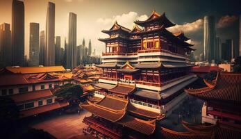 Buddha Relic Temple in Chinatown business district in the background, photo