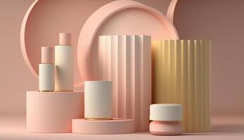 Abstract minimal scene with geometrical forms. Cylinder podiums in cream pink colors. Abstract background. Scene to show cosmetic podructs. Showcase, display case, photo