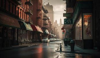 New York City in foggy raining weather at night. Streets of Chinatown at the storm, Generativ Ai photo