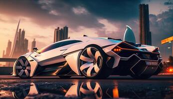 Photo of a supercar with neon light, futuristic city in the background,