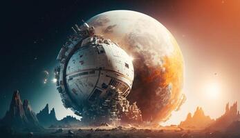Spaceship and Earth on the background. Solar system, photo