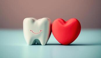 Two teeth and red heart. Oral care and St. Valentine's day concept, photo