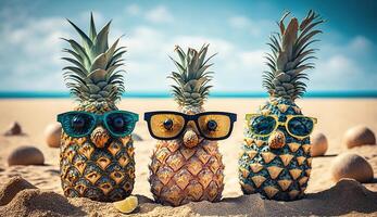 Family of funny attractive pineapples in stylish sunglasses on the sand against turquoise sea. Tropical summer vacation concept. photo