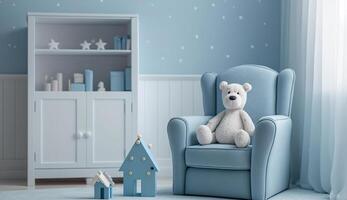 Small light blue armchair for kid standing in white room interior with stars on the wall, white rug and cupboard with books, teddy bear and fresh plant, photo