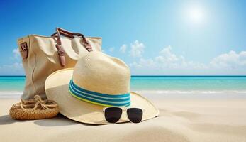 Concept summer holiday. Accessories - bag, straw hat, sunglasses with palm tree reflection, pareo, flip-flops on sandy beach against ocean, blue sky, clouds and bright sun, photo