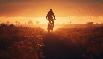 a man ride a bicycle at sunset with sunbeam over silhouette trees background photo