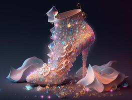 High-heeled shoes, glowing floating luminous crystal stars and crystalline candy, photo