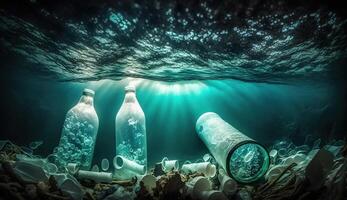 el plastico botella en el océano, generativo ai foto