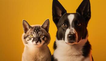 Portrait of a cat and dog in front of bright yellow background, photo