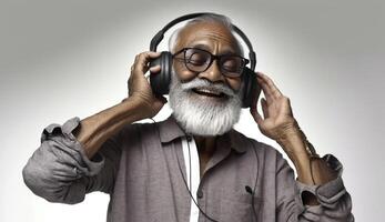 Happy senior Indian asian bearded man smiling using headphones with smartphone or tablet against white background, presenting screen or dancing, photo