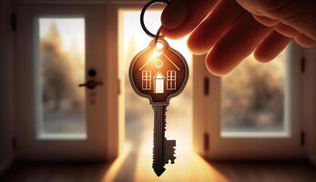 Key with keychain in a house shape in the door keyhole. Buy new home concept. Real estate market, photo