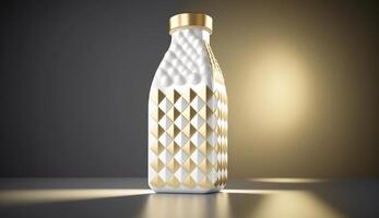 A pop art illustration of a milk bottle made of diamonds and gold, futuristic, photo