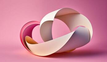 Mobius strip made from paper soaring in the air on pink background. Trendy surreal airy image. Abstract year color concept composition, photo