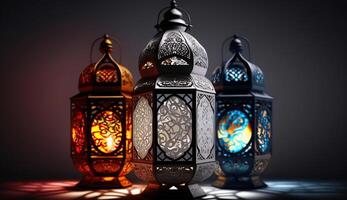 vela ligero tapas en musulmán estilo linterna , utilizar como saludo en Ramadán kareem Mubarak , oración para Alá por rápido comida y consumado después puesta de sol durante santo mes de ramadán, generativo ai foto