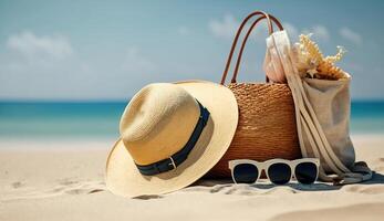 Paja sombrero, bolsa, Dom lentes y dar la vuelta fracasos en un tropical playa, generativo ai foto