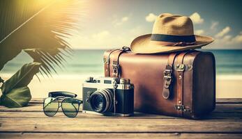 Vintage suitcase, hipster hat, photo camera and passport on wooden deck. Tropical sea, beach and palm three in background. Summer holiday traveling concept design banner with copyspace,