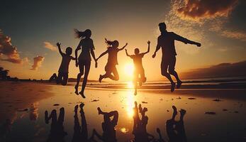contento asiático familia saltando juntos en el playa en día festivo. silueta de el familia participación manos disfrutando el puesta de sol en el playa, generativo ai foto