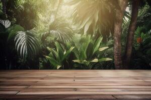 de madera piso con tropical antecedentes. ilustración ai generativo foto