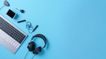 Flat design with headphones and laptop Illustration photo