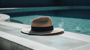 Summer hat and pool. Illustration photo