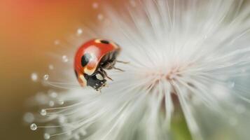 mariquita en blanco diente de león. ilustración ai generativo foto