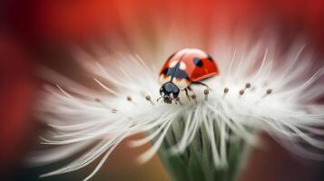 Ladybug on white dandelion.  Illustration AI Generative photo