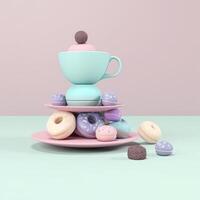 Blue background with coffee and donuts. Illustration photo